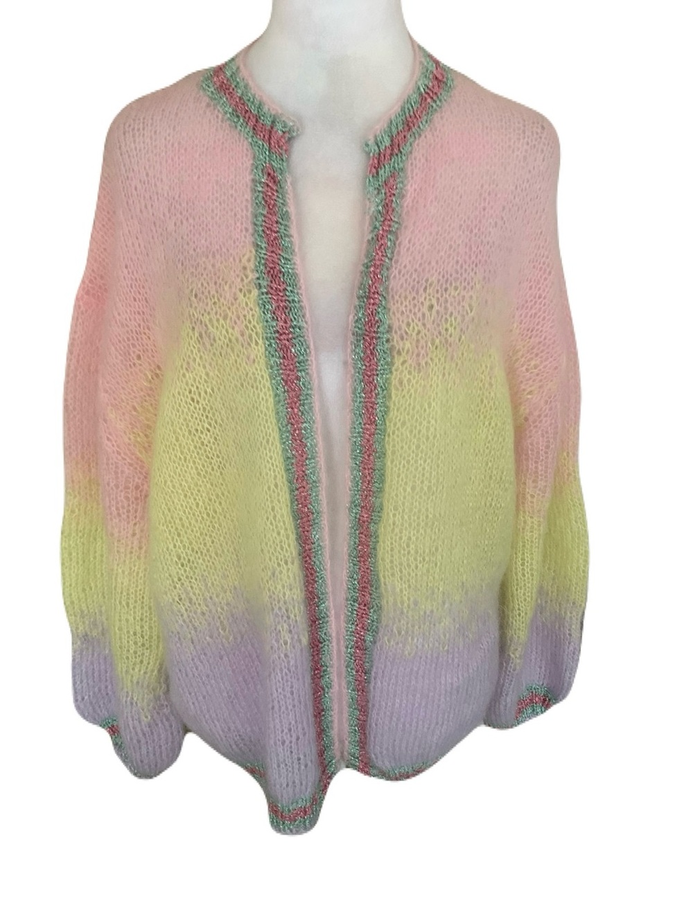 Rose Carmine OS Pastel Ombre Open-Front Kid Mohair Women’s Soft Sweater Cardigan